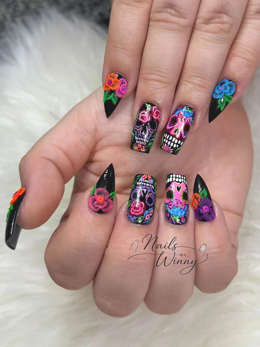 Sugar skull Halloween nail art at Maiden Nails Webster NY